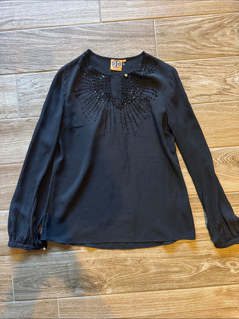 Tory Burch Black Beaded Long-Sleeve Silk-Blend Blouse
